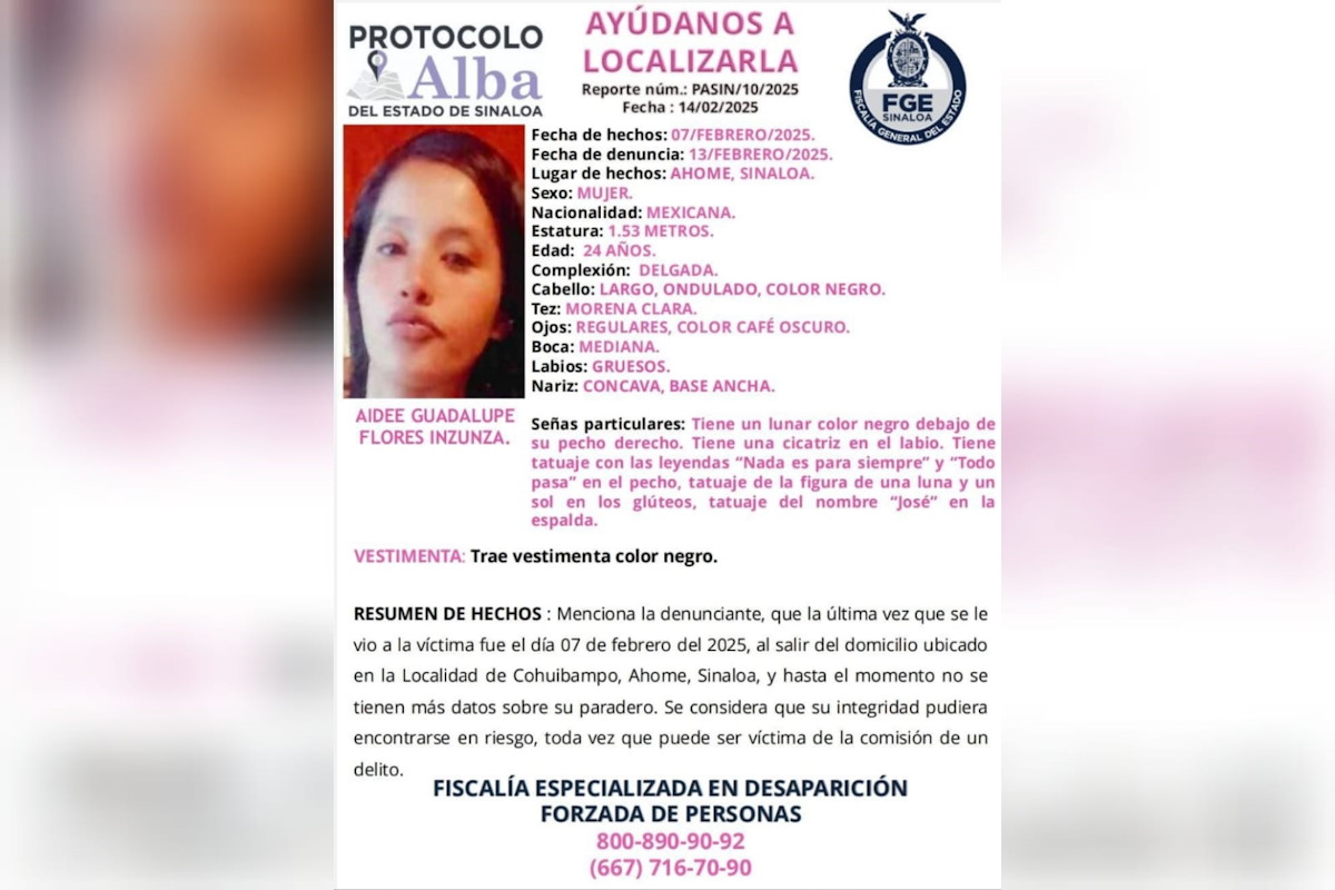 Activan Protocolo Alba para localizar a la joven Aidée Guadalupe desaparecida en  Ahome