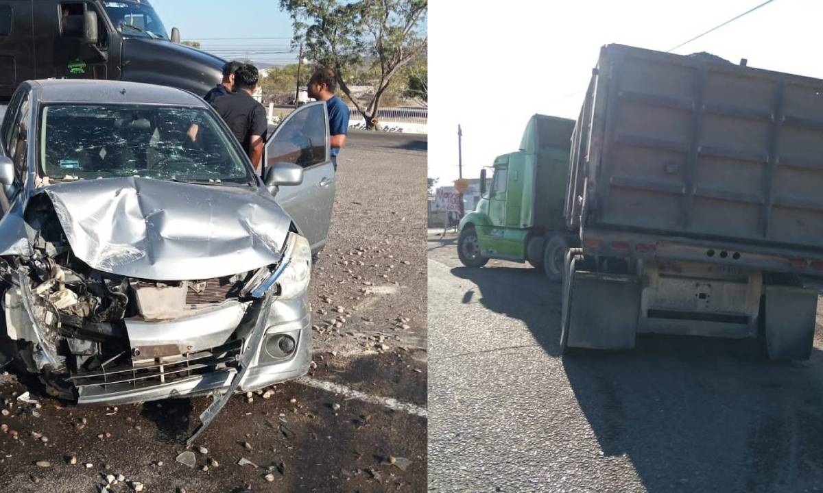 Fuerte accidente entre camión de carga y Nissan Tiida en la México 15 al sur de Mazatlán