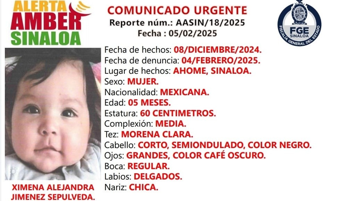Emiten Alerta Amber en Los Mochis por la desaparición de Ximena Alejandra, de 5 meses