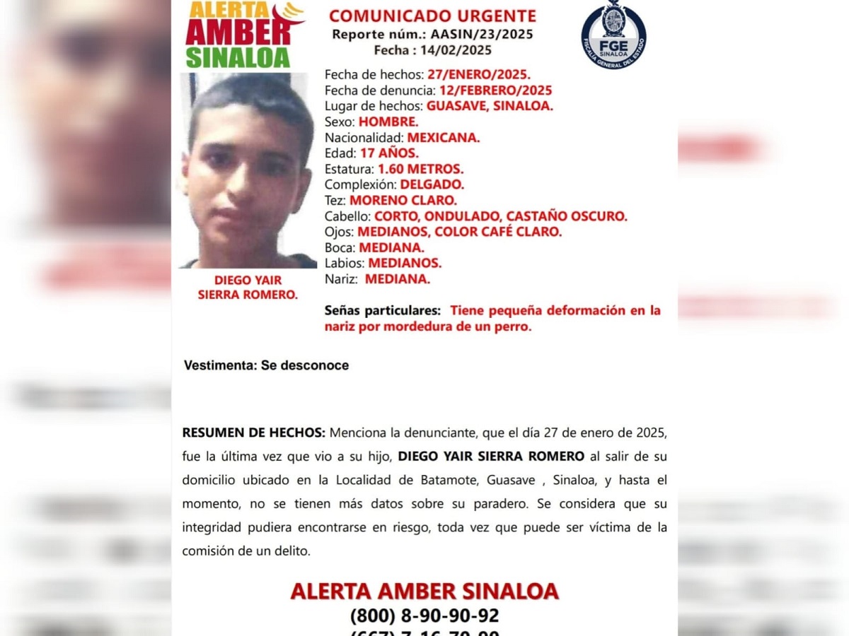 Diego Yair de 17 años está desaparecido en Guasave y la FGE activa Alerta Amber