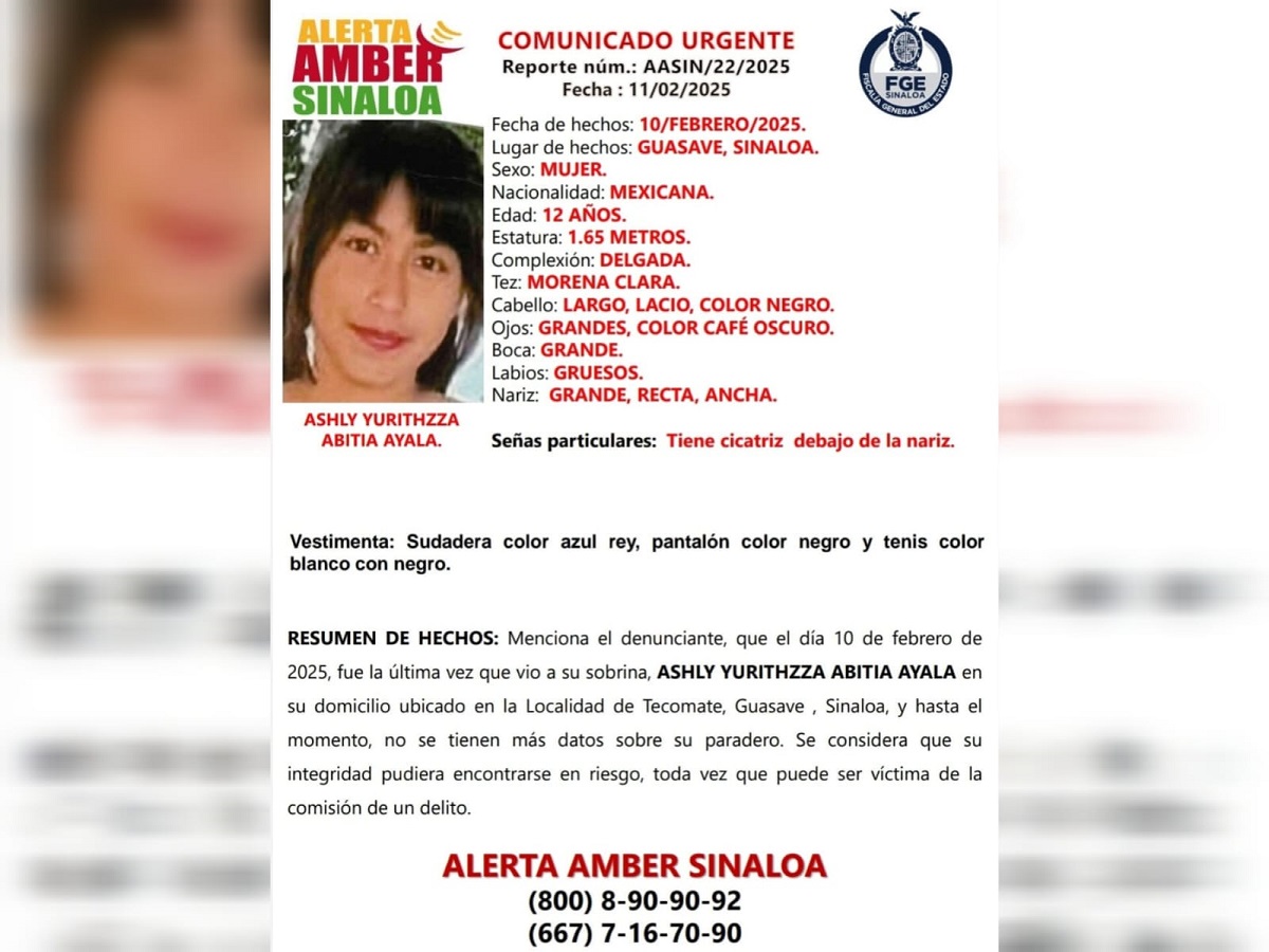 Alerta Amber | Buscan a Ashly de 12 años de edad, desapareció en Guasave