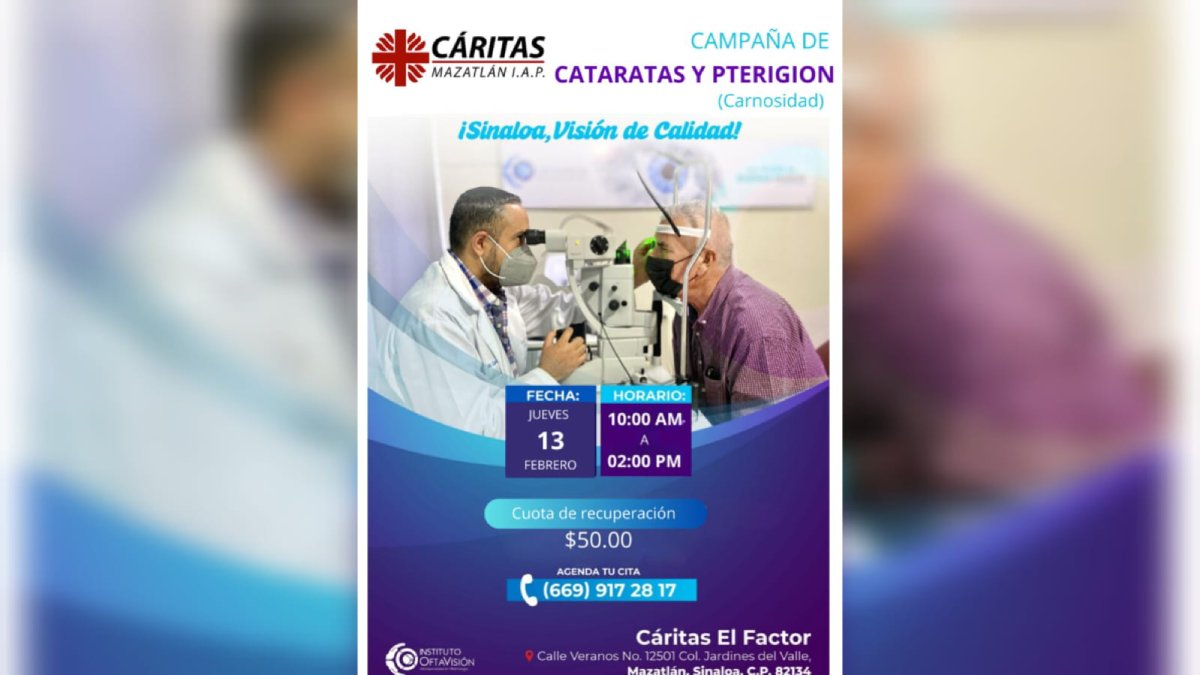 Este jueves Cáritas Mazatlán dará inicio campaña de atención a cataratas y carnosidades