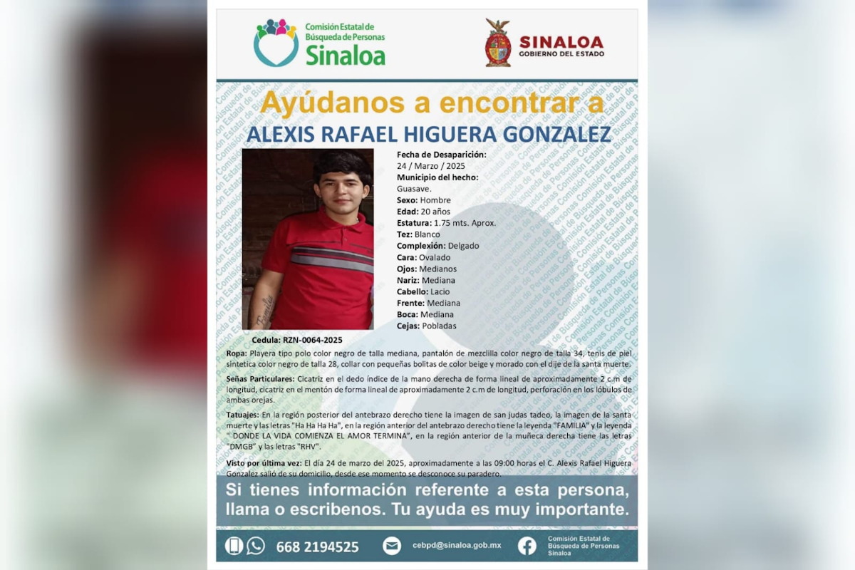 Comisión de Búsqueda de Personas lanza ficha de búsqueda de Alexis Rafael, desaparecido en Guasave