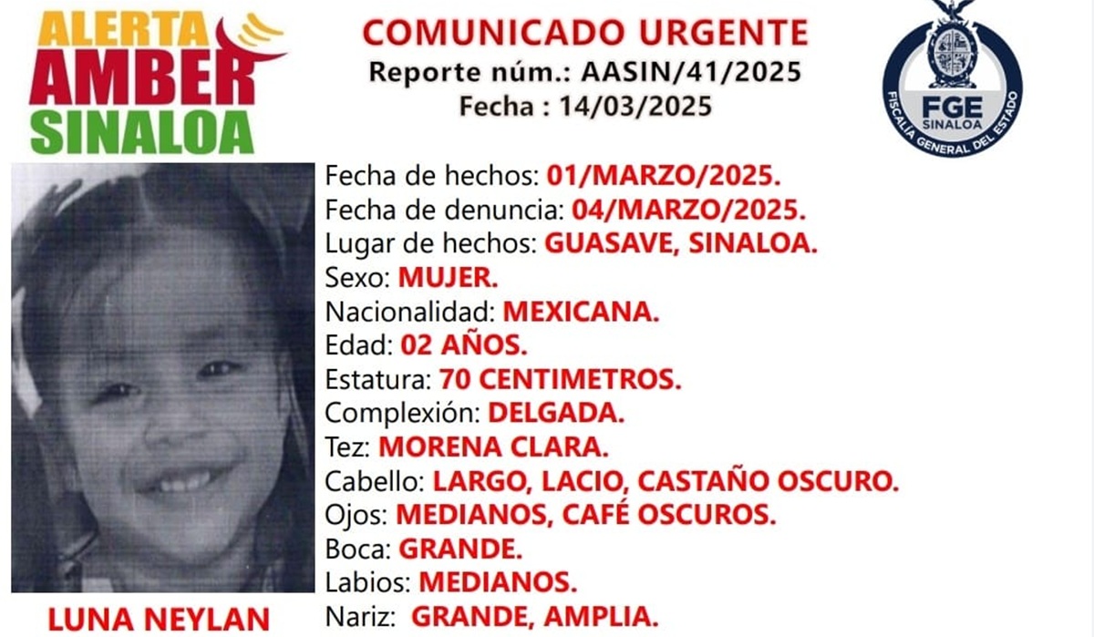 Activan Alerta Amber por la desaparición de Luna Neylan, de 2 años, en Guasave