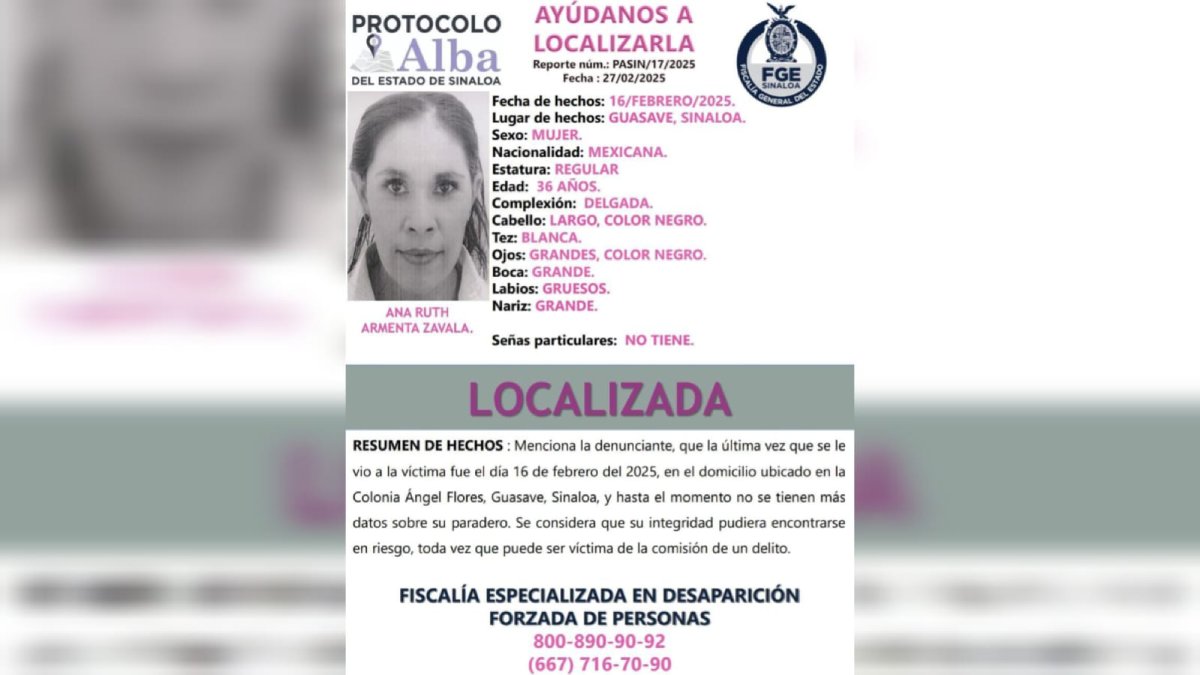Ana Ruth ya fue localizada y está con su familia, en Guasave