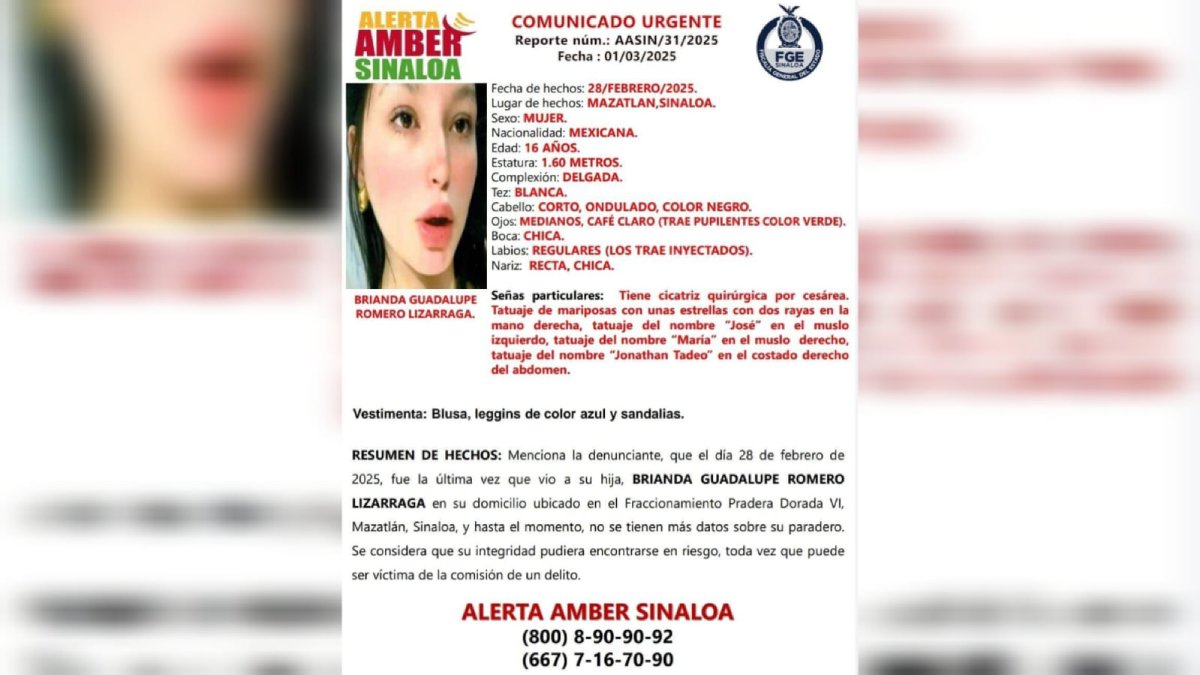 FGE emite Alerta Amber para localizar a Brenda Guadalupe Romero Lizárraga desaparecida en Mazatlán