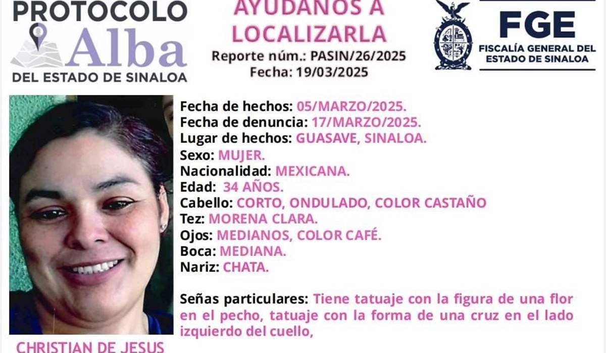 FGE activa el Protocolo Alba por la desaparición de una mujer en Guasave