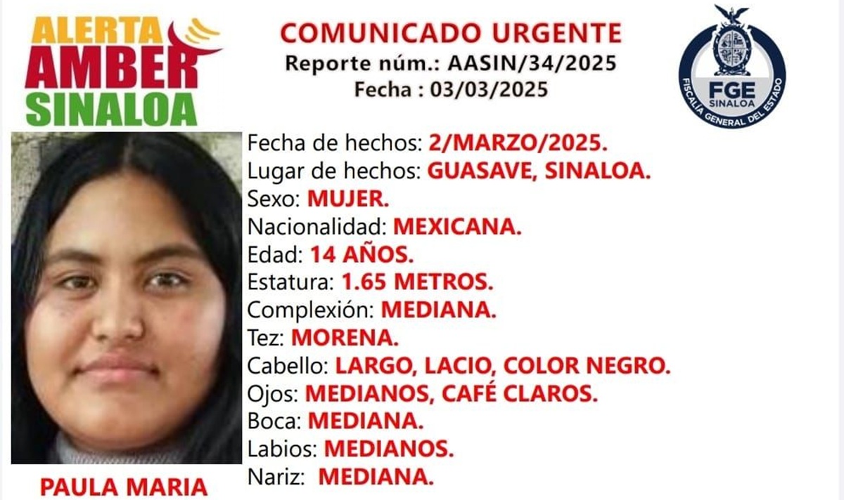 FGE activa Alerta Amber por la desaparición de Paula María, en Guasave