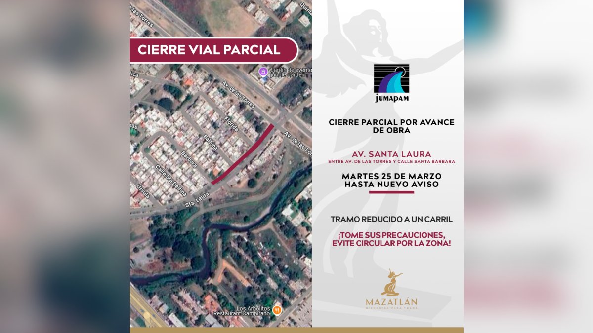 ¿Transitas hacia el sur de Mazatlán? Hay cierre vial este martes en la avenida Santa Laura