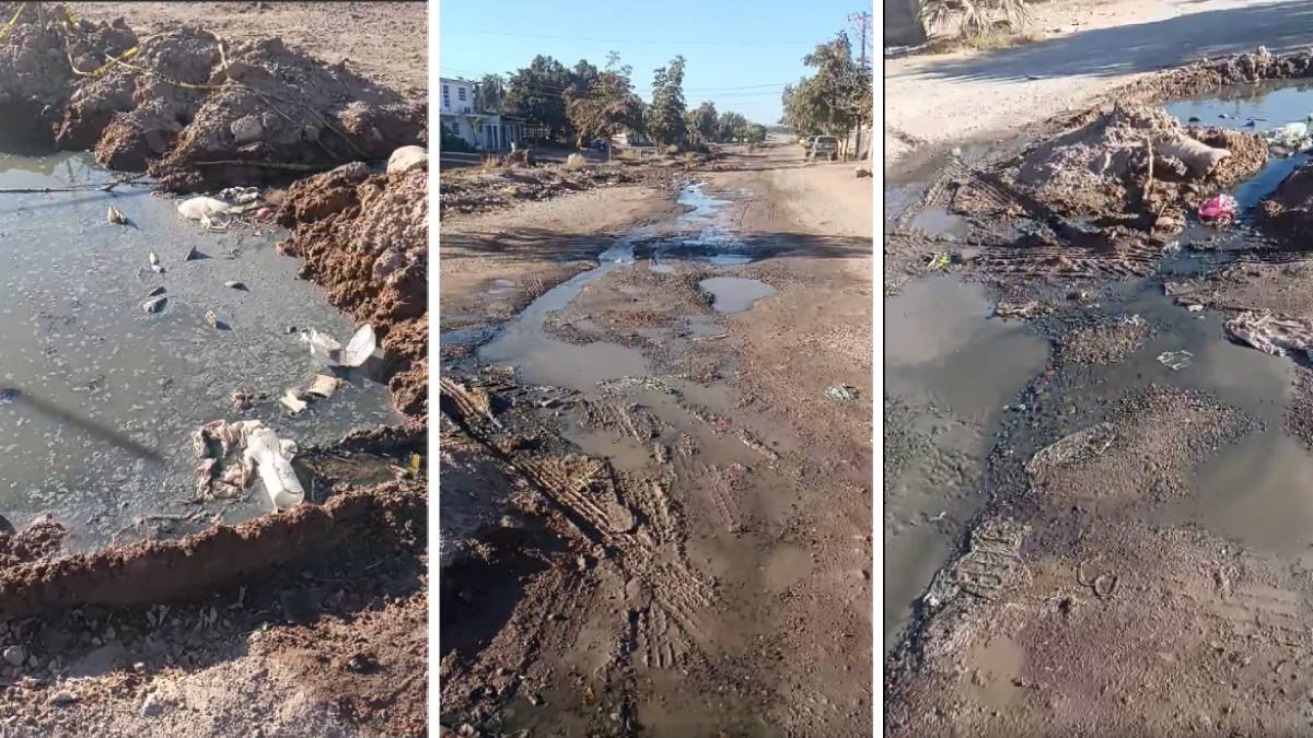 Denuncia ciudadano en Juan José Ríos lagunas de aguas negras en calles que van a la zona escolar