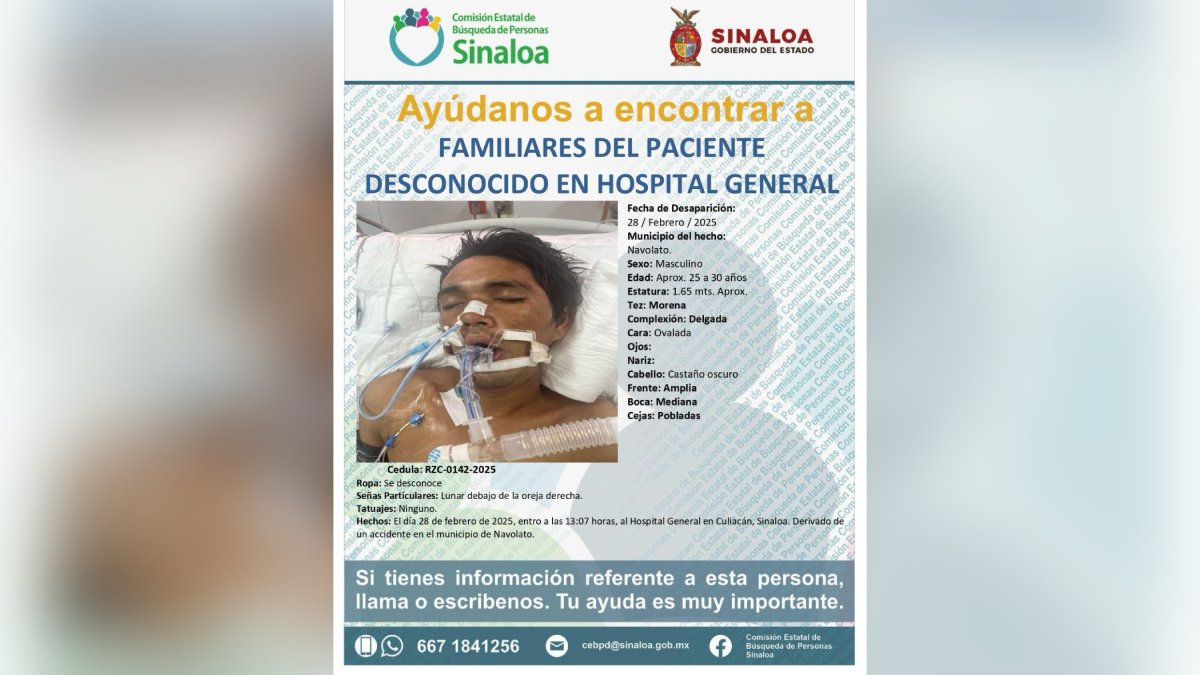 Buscan a familiares; paciente no identificado muere en hospital de Culiacán tras accidente en Navolato