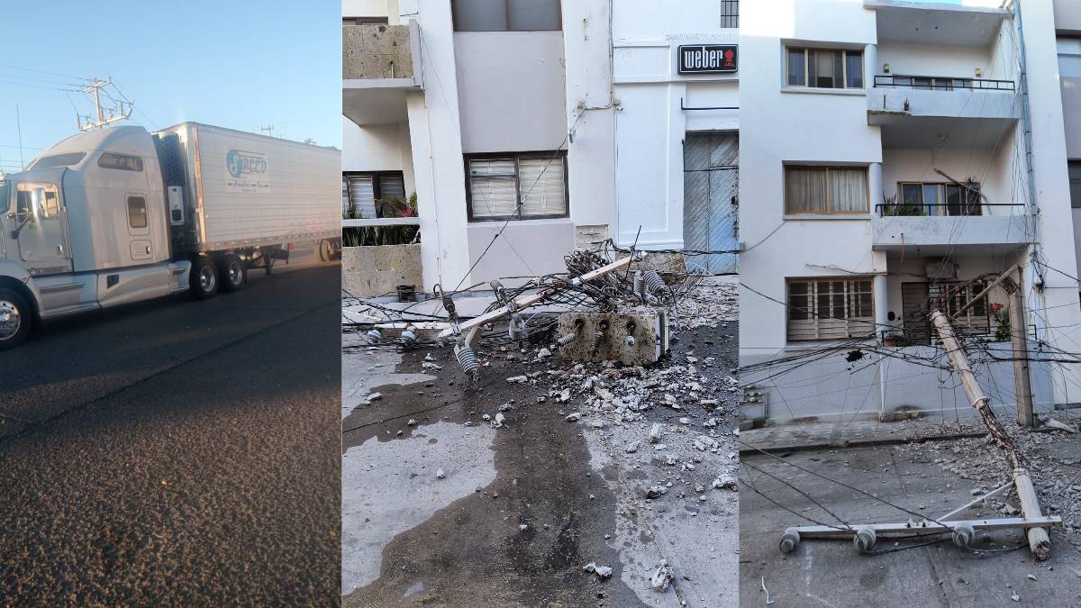 Tráiler derriba postes y cableado en el Centro Histórico de Mazatlán