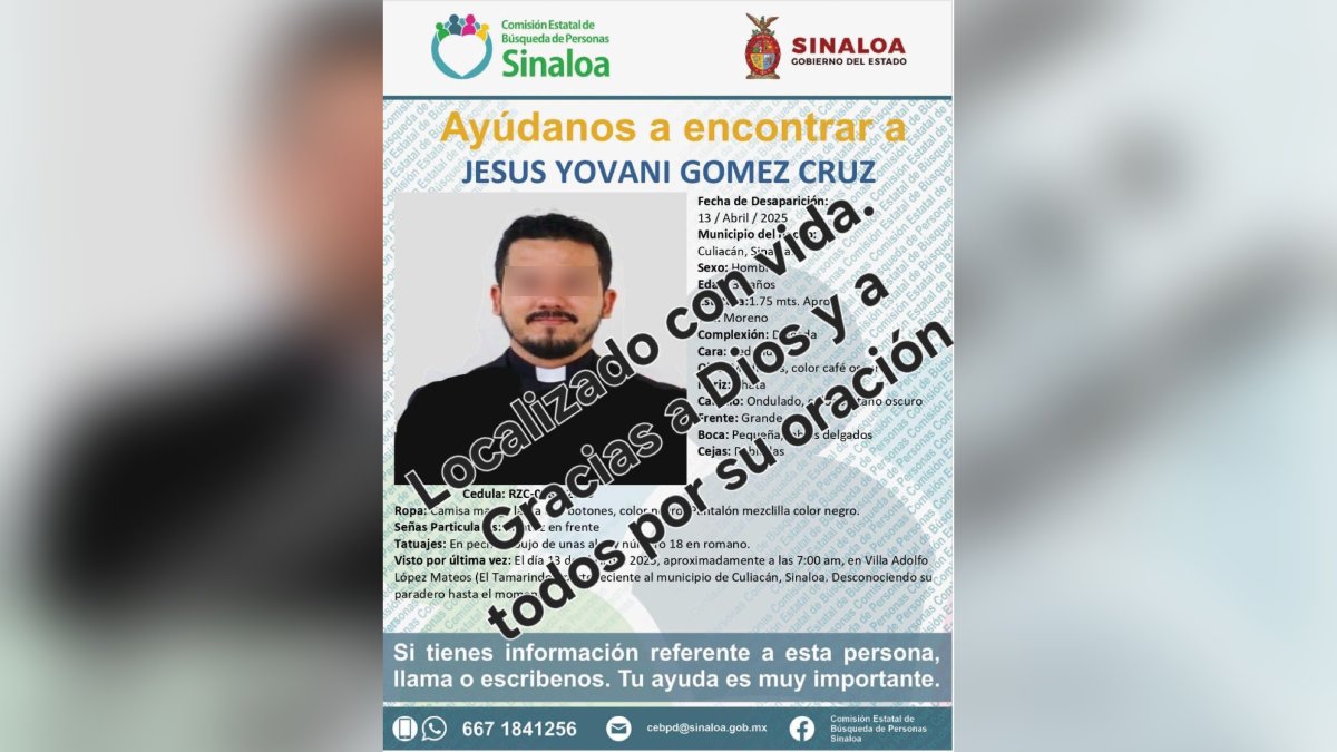 Aparece con vida el padre Yovani Gómez tras desaparición en El Tamarindo, Culiacán