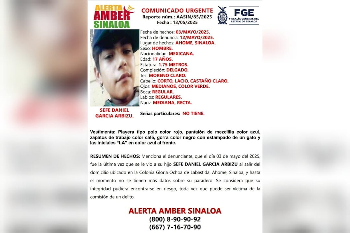 Activan Alerta Amber para localizar al joven Sefe Daniel desaparecido en Los Mochis