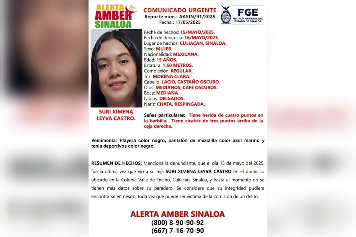 Buscan a Suri Ximena, adolescente de 15 años desaparecida en Culiacán