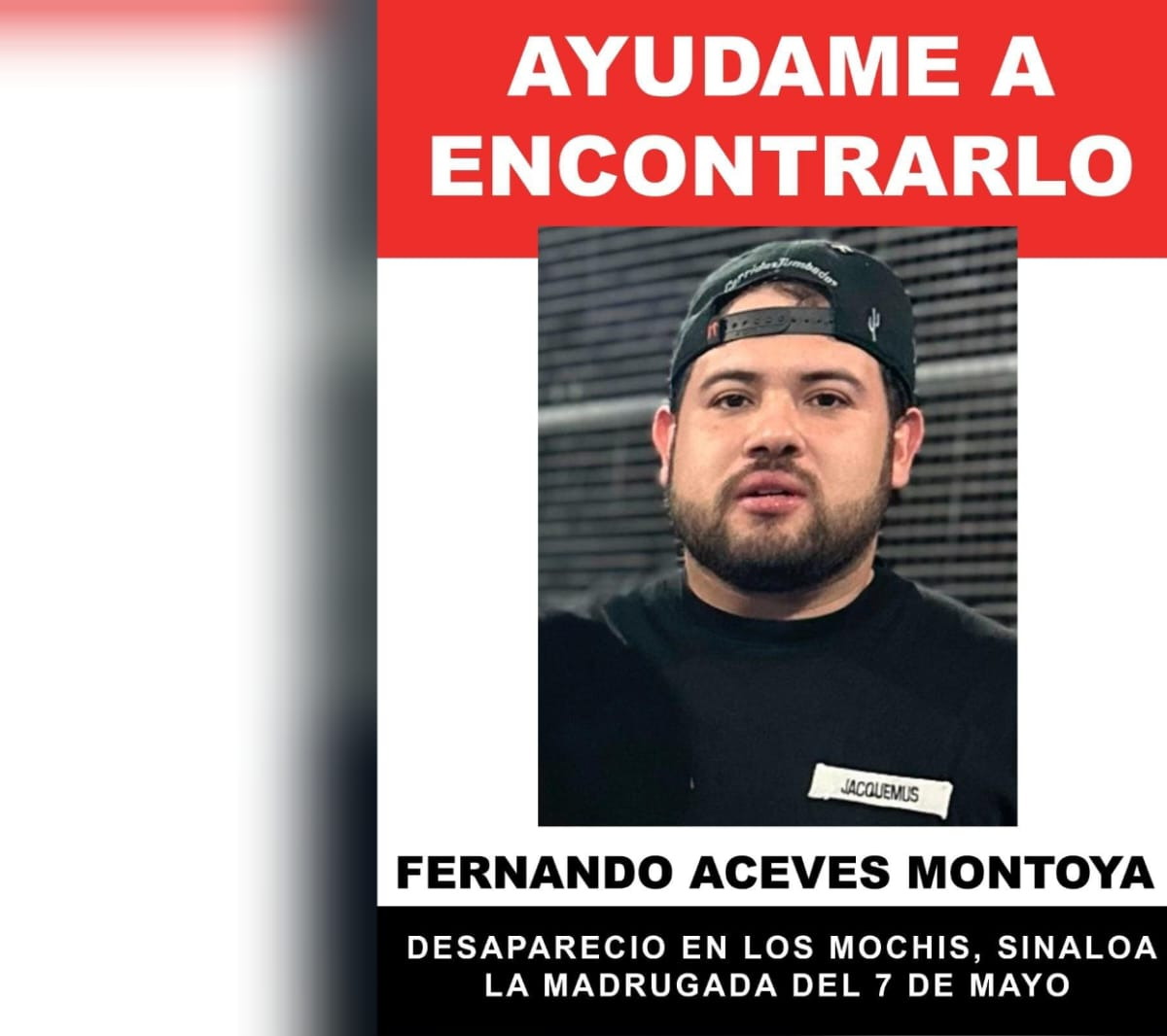 Fernando Aceves Montoya fue visto por última vez en una taquería de Los Mochis; familiares piden ayuda para localizarlo
