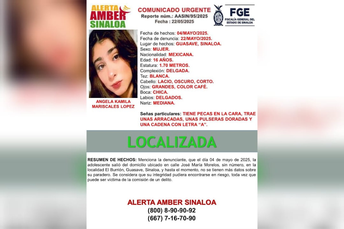 Ángela Kamila ya fue localizada por su familia en Guasave; desactivan Alerta Amber