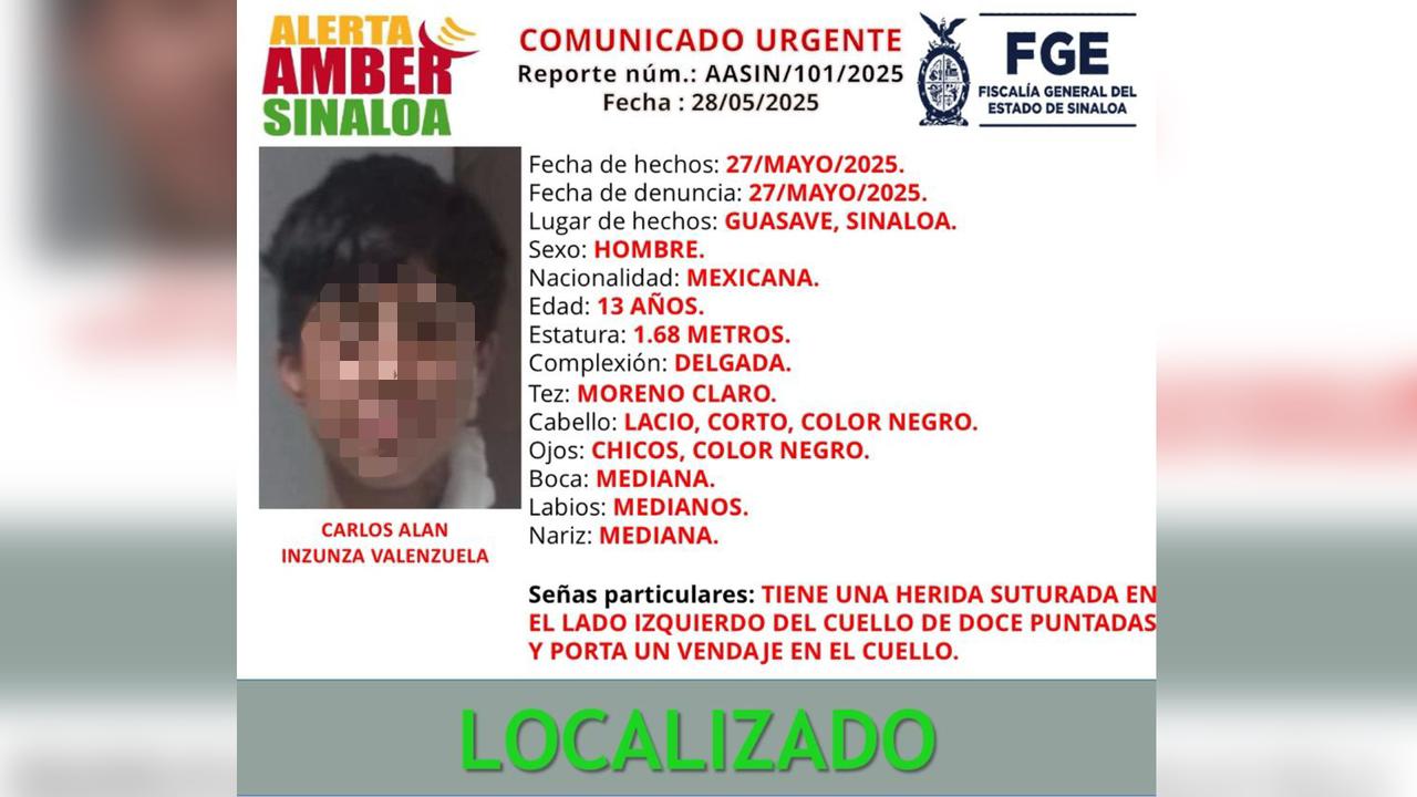 ¡Localizado! Desactivan Alerta Amber por Carlos Alan, adolescente extraviado en Guasave