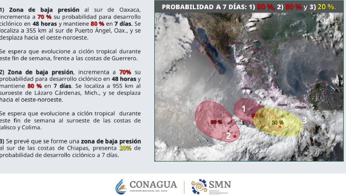 México vigila dos zonas de baja presión que podrían activar el Efecto Fujiwhara