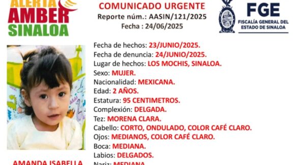 Lanzan Alerta Amber en Sinaloa para localizar a Amanda Isabella, de 2 añitos