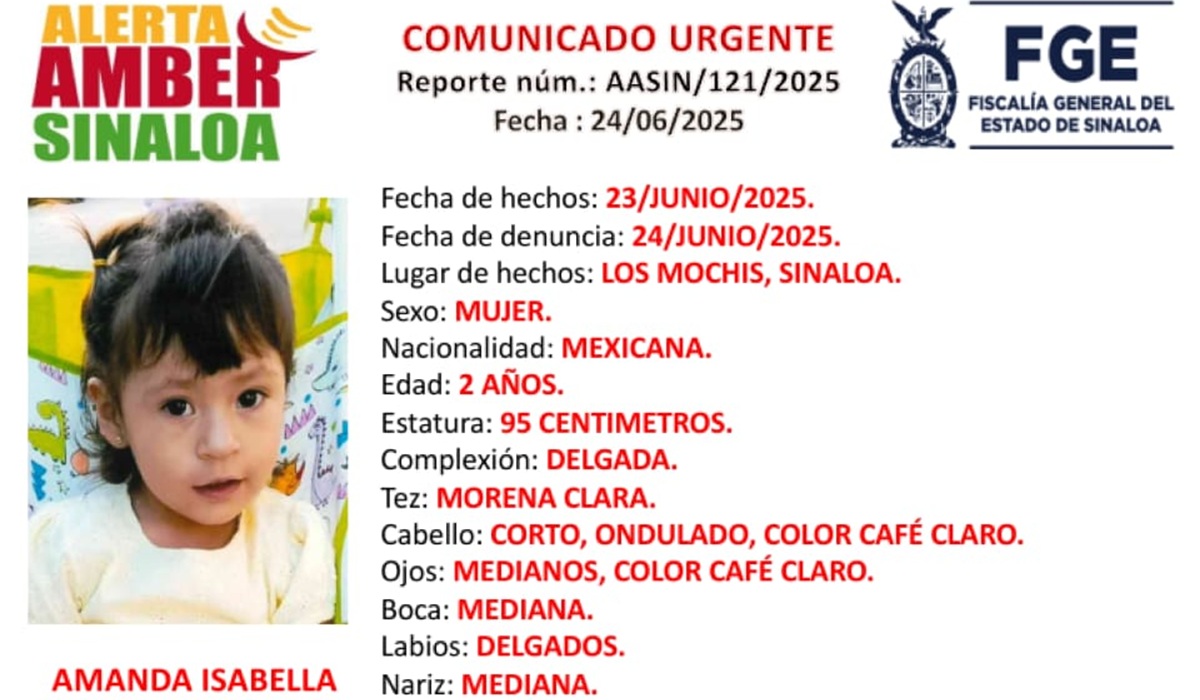 Alerta Amber de Amanda Isabella, desaparecida en Los Mochis