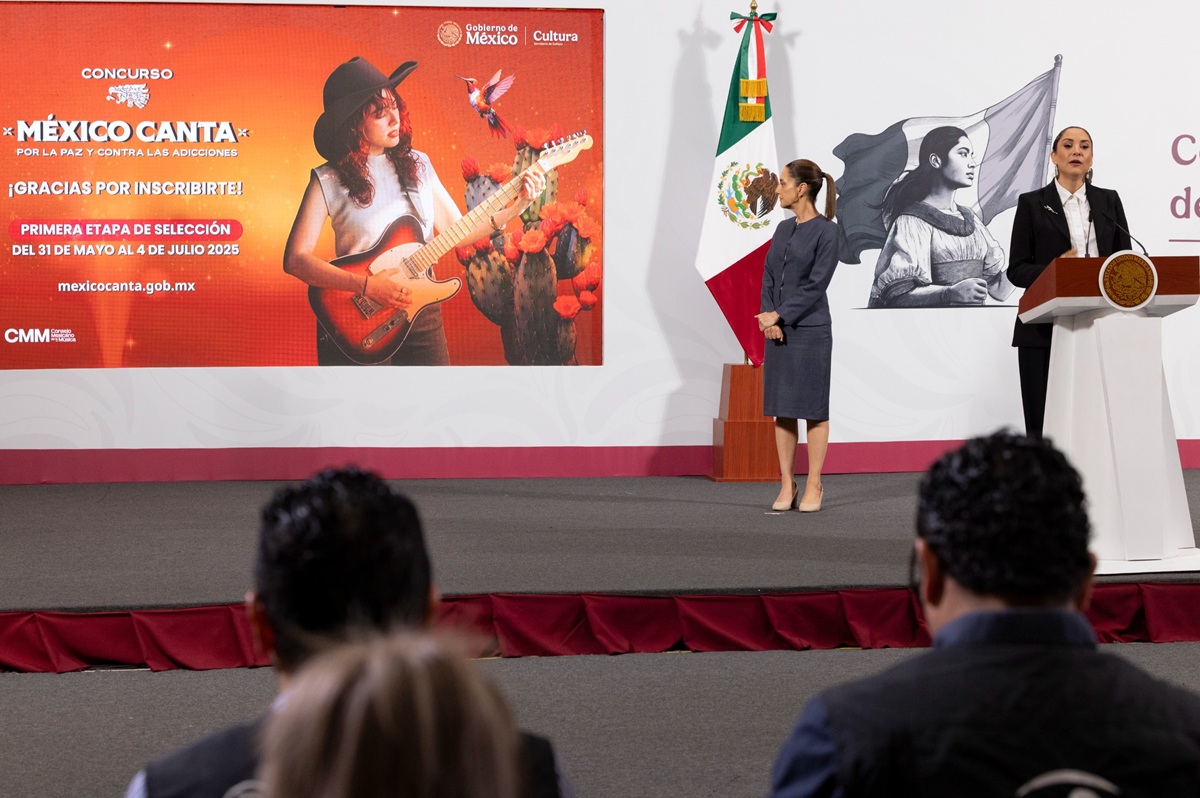 Claudia Curiel y Claudia Sheinbaum presentando avances de México Canta