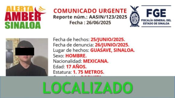 Desactivan Aleta Amber en Guasave, Jonathan Saúl ya fue localizado