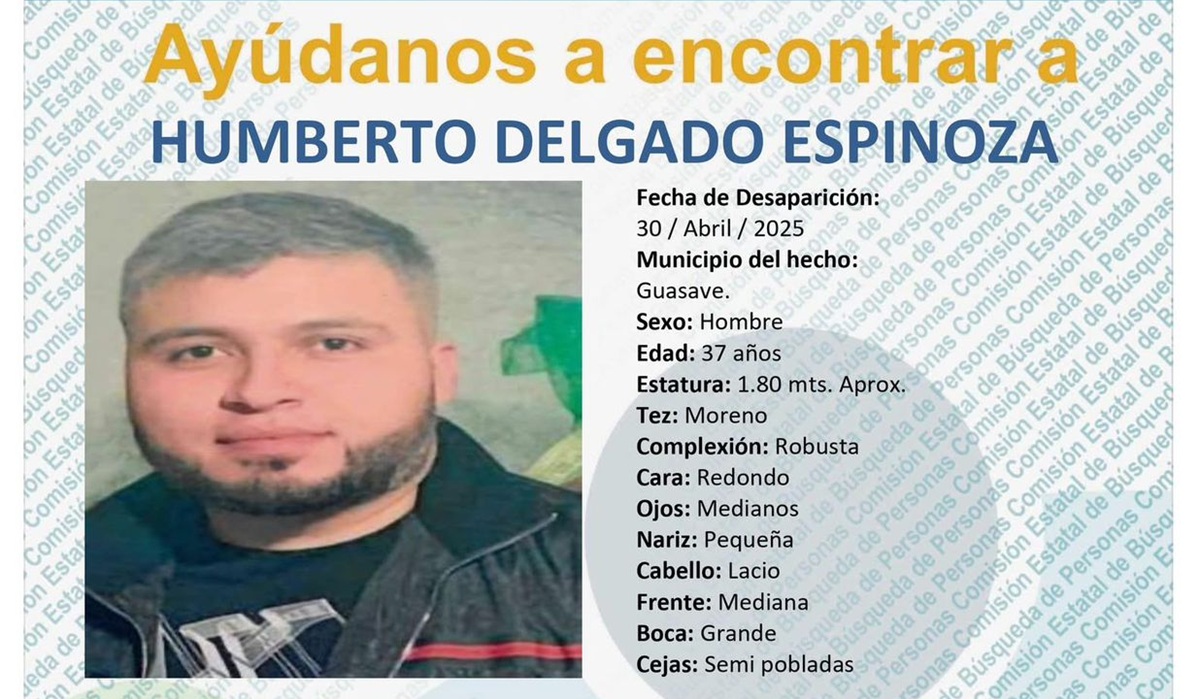 Ficha de búsqueda de Humberto Delgado, desaparecido en Guasave
