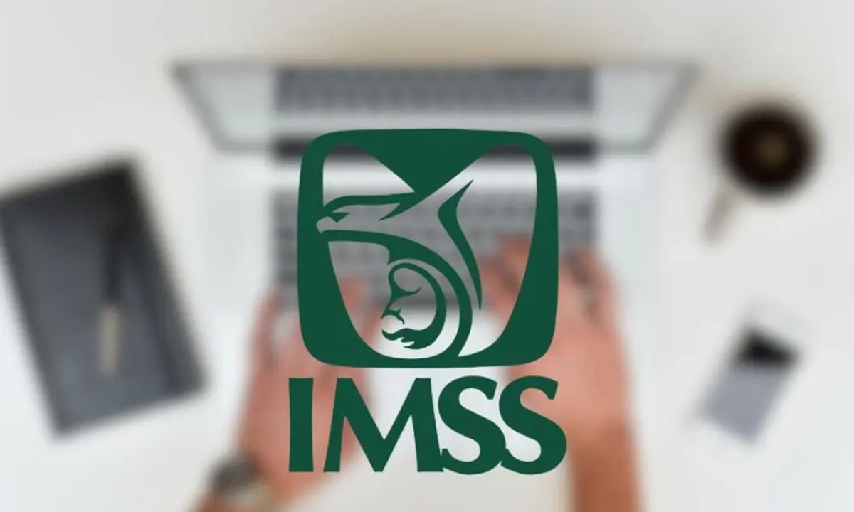 Laptop al fondo y logotipo del IMSS