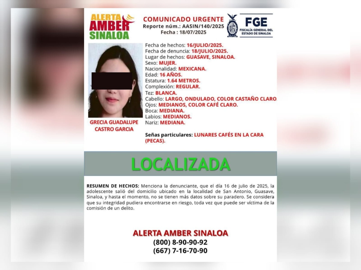 Es localizada con vida adolescente reportada desaparecida en Guasave