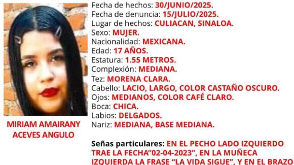 Activan Alerta Amber Sinaloa para localizar a Míriam Amairany de 17 años extraviada en Culiacán