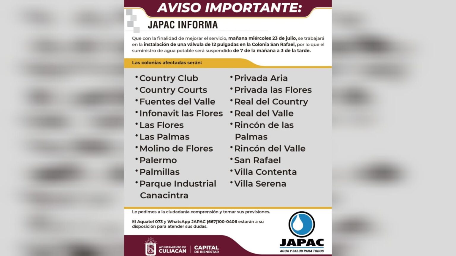 El miércoles, más de 10 colonias se quedarán sin agua por algunas horas ...