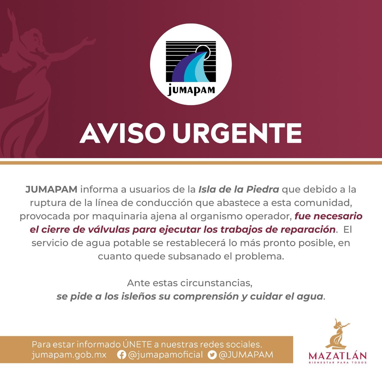 Aviso urgente de Jumapam de suspensión del servicio agua potable en la Isla de la Piedra