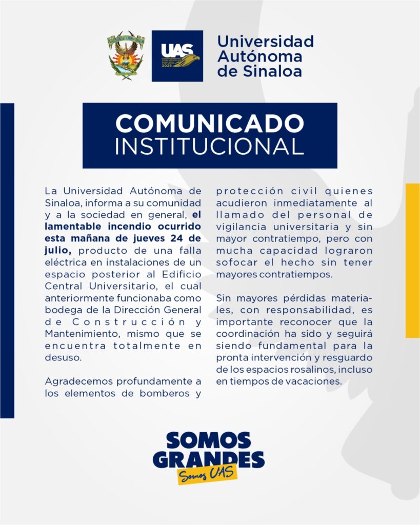 La UAS informó que el Incendio en el Laboratorio de Análisis Clínicos se debió a una falla eléctrica