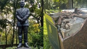 Estatua de Felipe Calderón antes y después del derrumbe