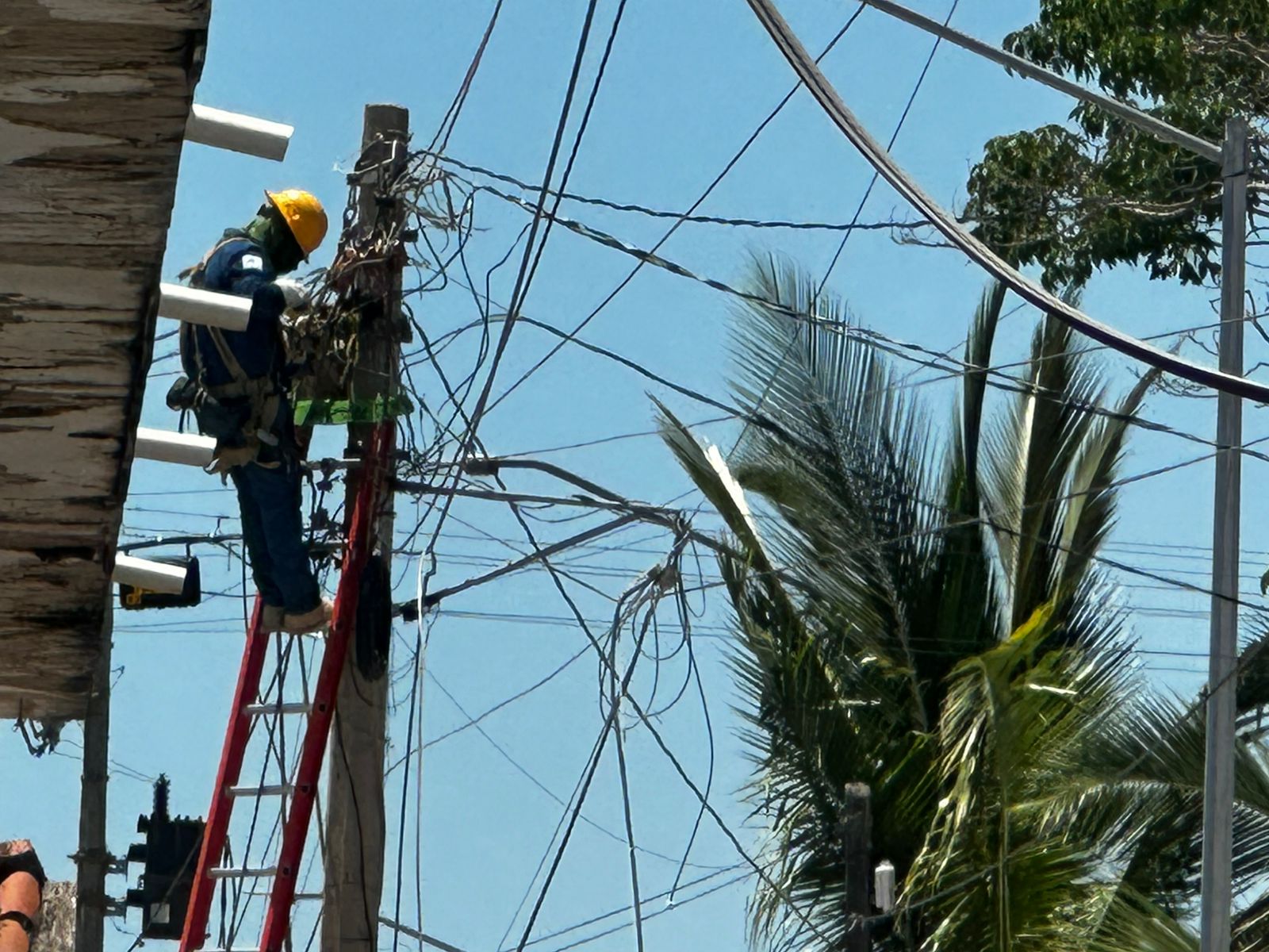 Camionetas de la CFE acuden a reparar desperfecto de luz en el Centro de Villa Unión, en Mazatlán