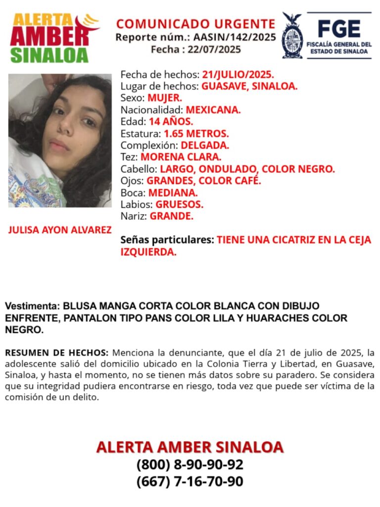 Alerta Amber por la desaparición de Julissa, la joven se fue de su casa la tarde de ayer lunes
