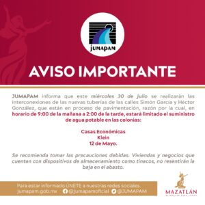 Limitarán servicio de agua potable en tres colonias de Mazatlán