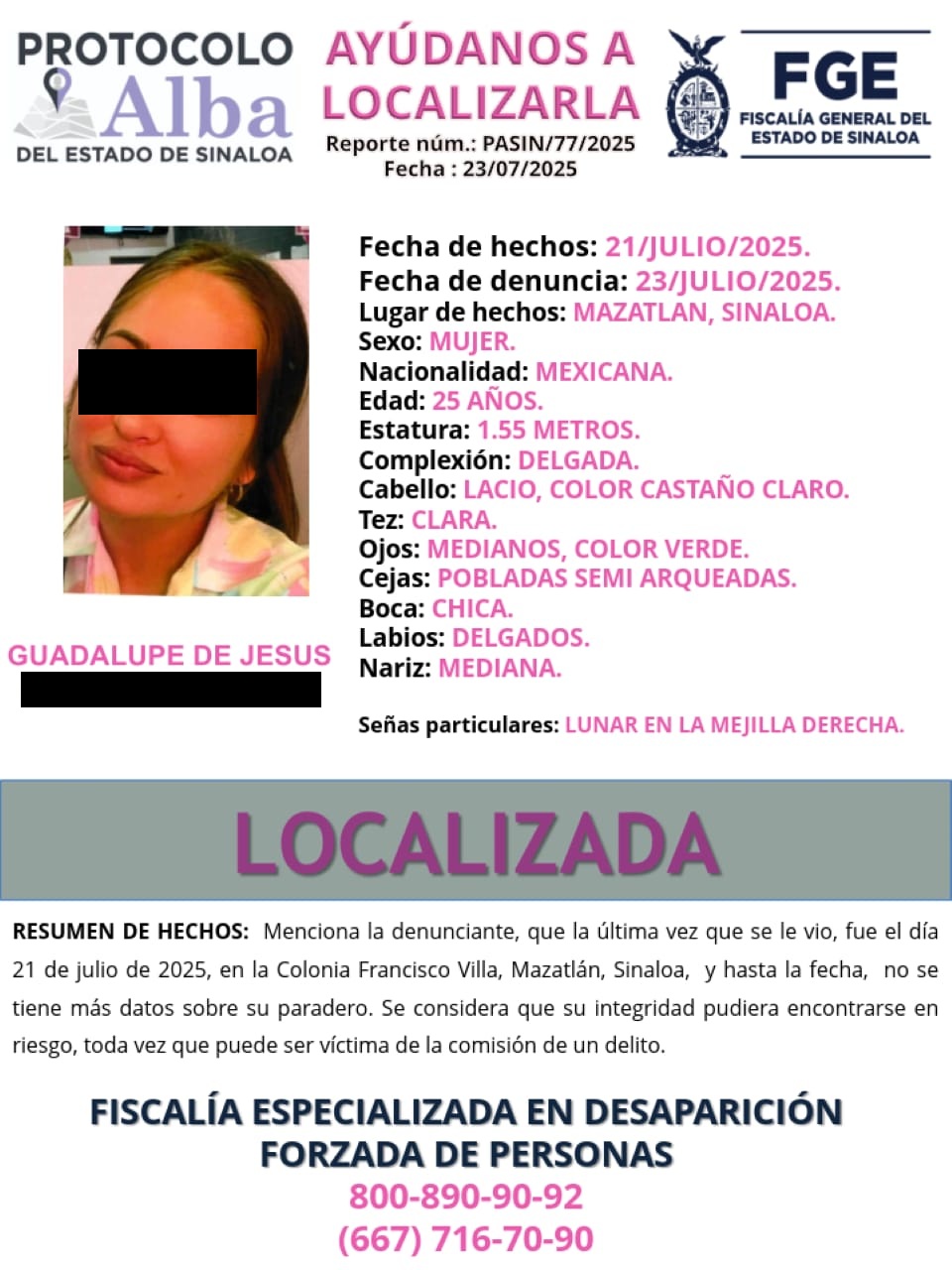 Localizan con vida a mujer desaparecida en Mazatlán
