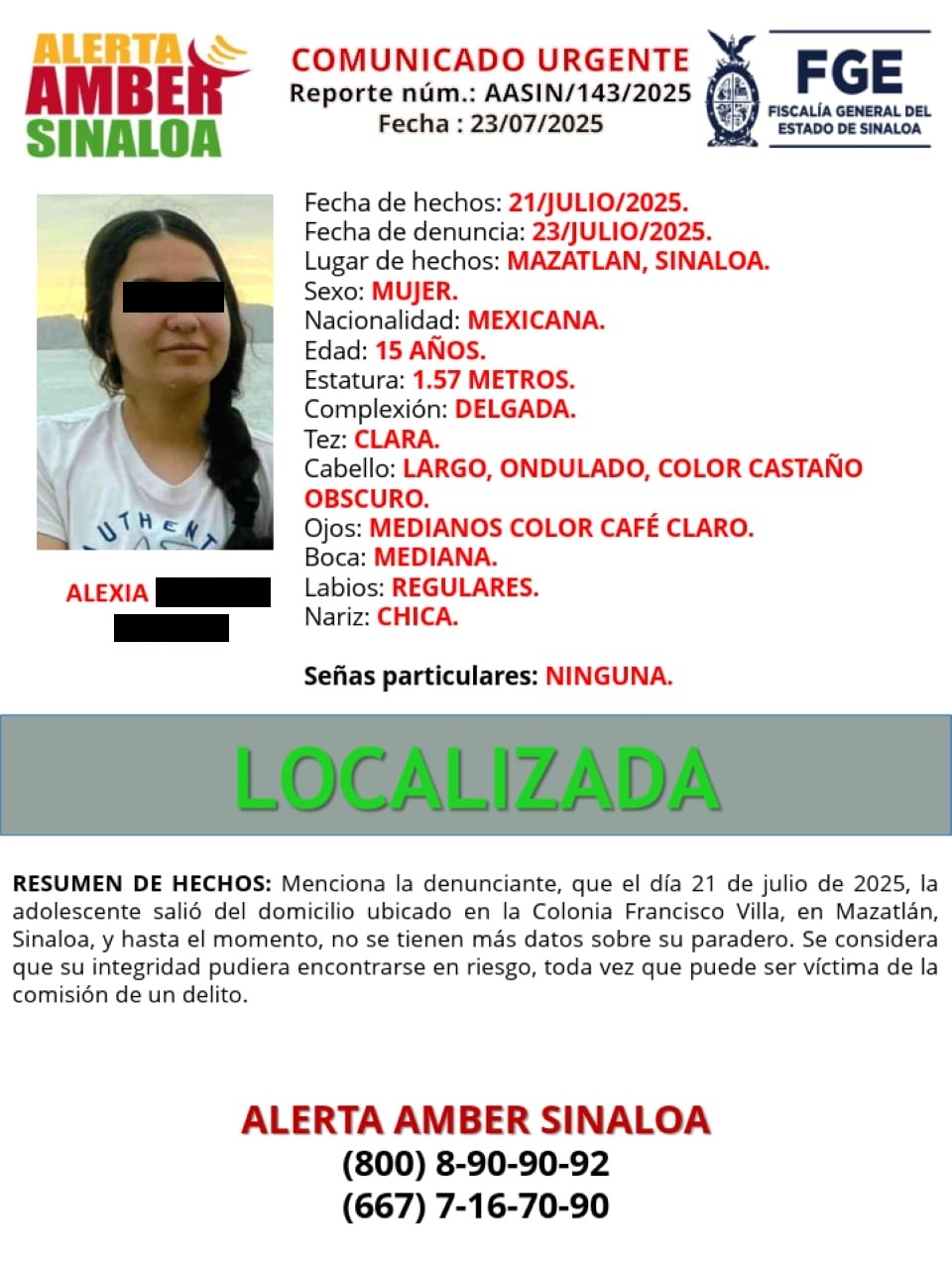 Localizan con vida a menor de edad desaparecida en Mazatlán.