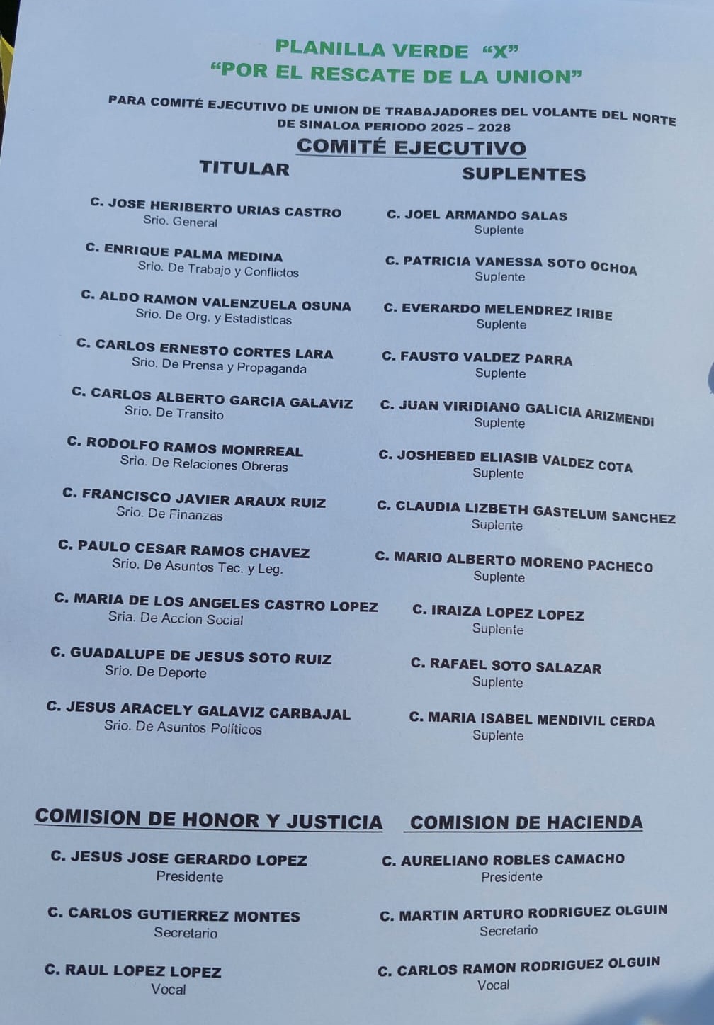Planilla Verde de la Unión del Volante, en Los Mochis
