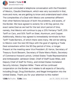 Publicación de Trump sobre la llamada con Sheinbaum