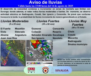 Aviso de lluvias para este jueves en Culiacán