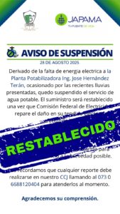 Aviso del servicio de energía eléctrica en la planta potabilizadora José Hernández Terán