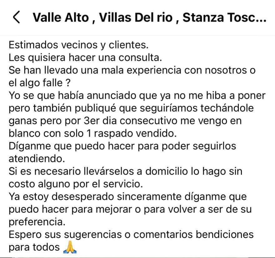 El conmovedor mensaje de vendedor de raspados en Valle Alto, Culiacán ante sus bajas ventas