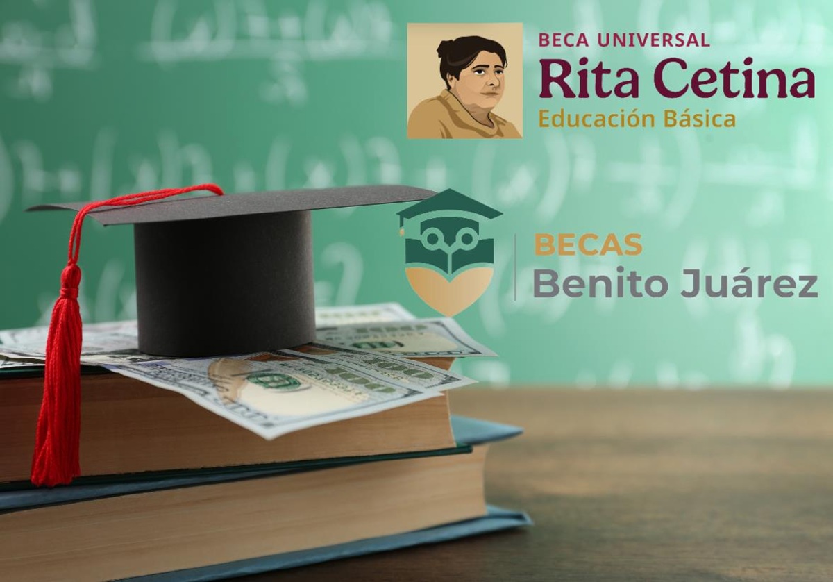 Logotipos de Beca Rita Cetina y Benito Juárez en salón de clases