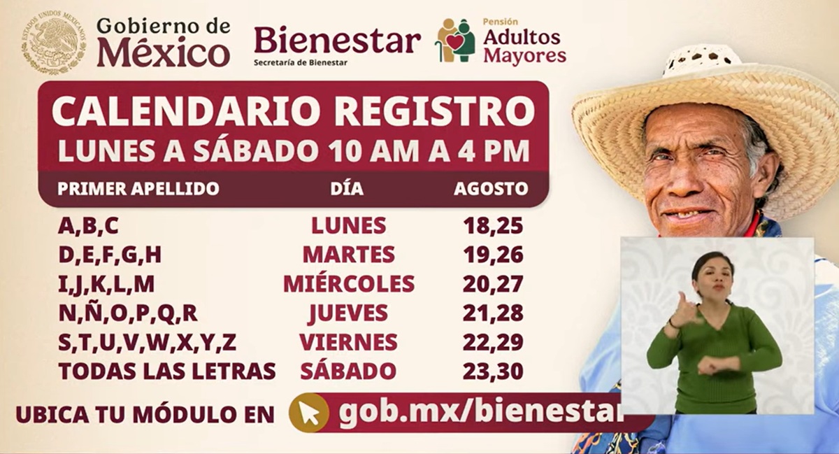 Calendario de Bienestar sobre registro a la Pensión de Adulto Mayor
