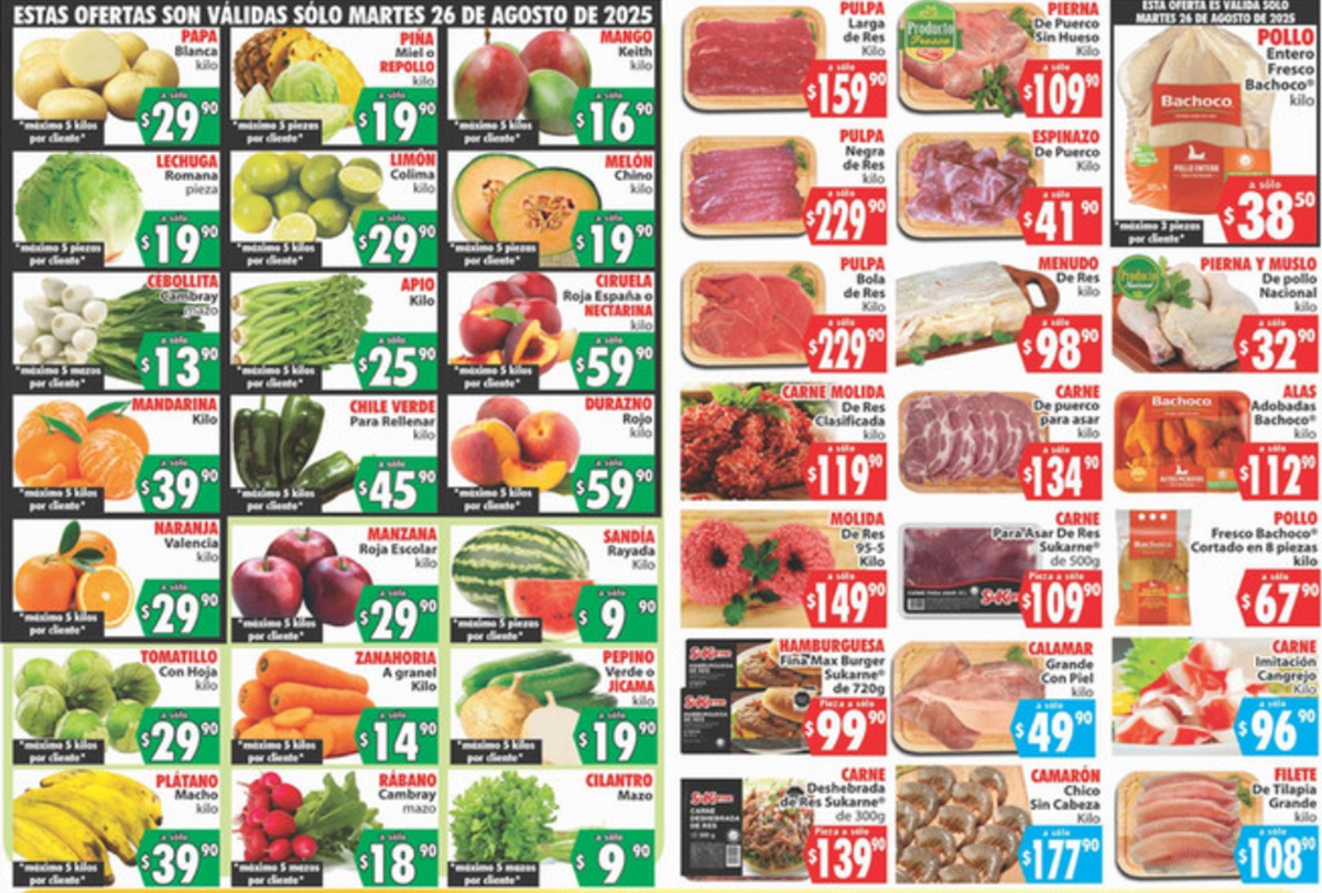 Ofertas en frutas, verduras y carnes en Casa Ley