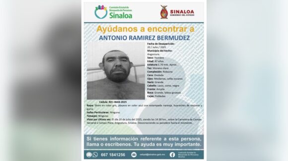 Buscan a Antonio Ramírez Bermúdez, desaparecido en Angostura desde el 20 de julio