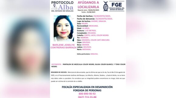 Activan Protocolo Alba para localizar a la joven Marlene Joselyn, desaparecida en Los Mochis